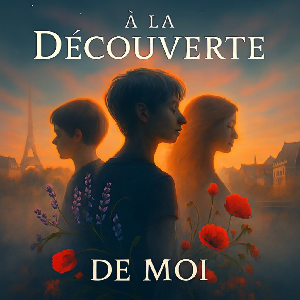 Official artwork of the single À la découverte de moi by multilingual composer Philippe JOUMARD, featuring profiles of young people with poppies, lavender, and the Eiffel Tower at sunset.
