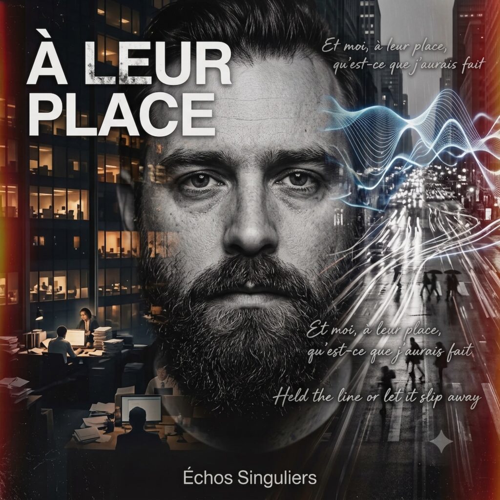 Official artwork of the single À leur place by electronic producer Philippe JOUMARD, featuring a close-up portrait of the artist blended with a busy office and a rainy city street.