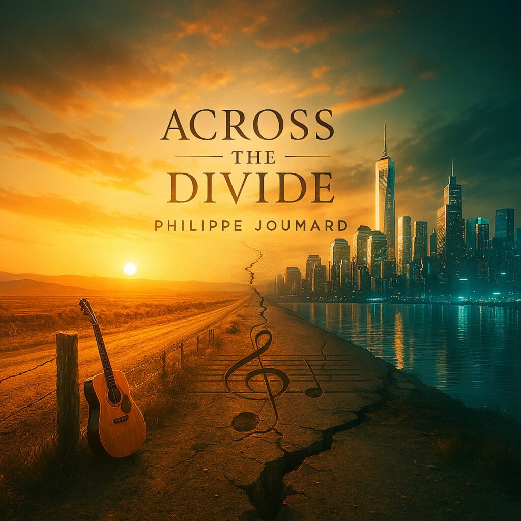Official artwork of the single Across the Divide by electronic producer Philippe JOUMARD, showing a landscape split between a country road with an acoustic guitar and a modern city skyline at sunset.