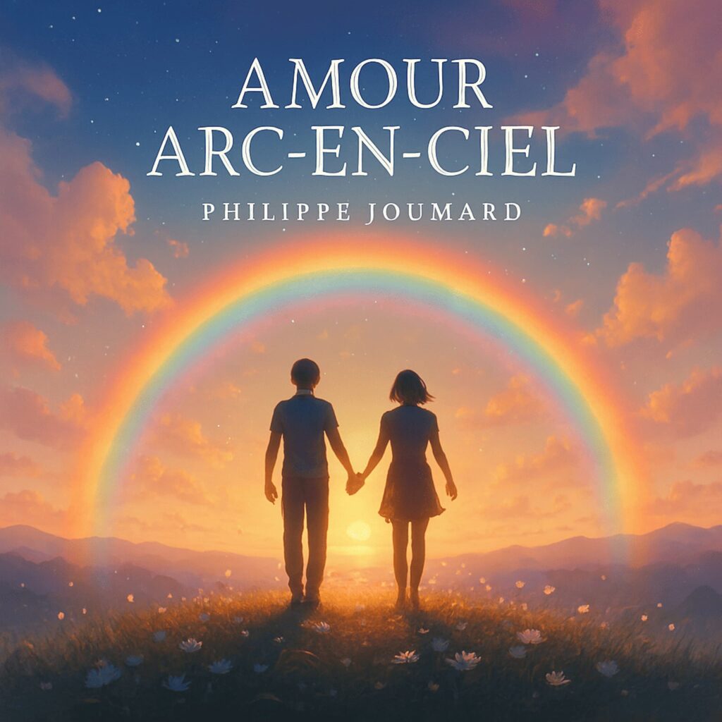 Official artwork of the single Amour Arc-en-ciel by multilingual composer Philippe JOUMARD, featuring a couple holding hands under a rainbow at sunset.