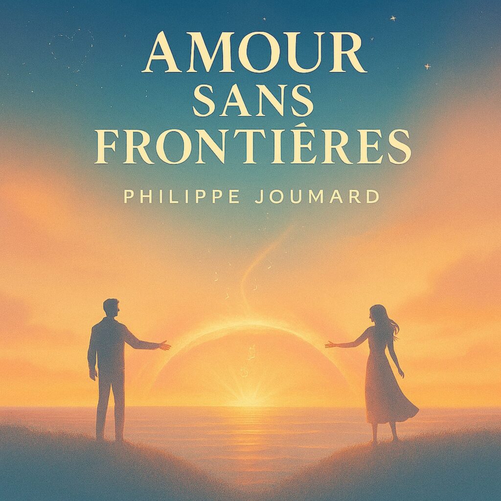 Official artwork of the single Amour sans frontières by electronic producer Philippe JOUMARD, showing a man and a woman reaching out to each other at sunset over the sea.