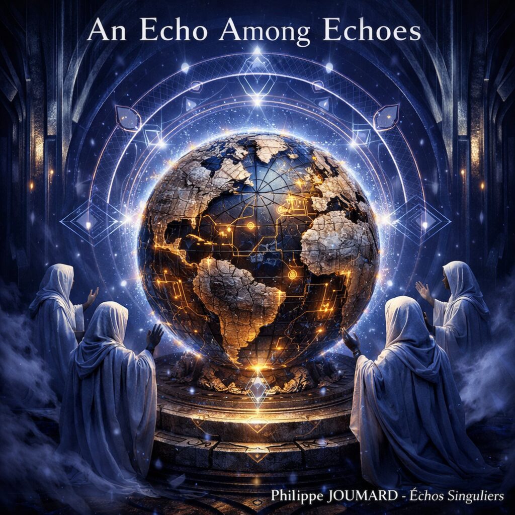Official artwork of the single An Echo Among Echoes by electronic producer Philippe JOUMARD, featuring four hooded figures praying around a giant glowing planet Earth under sacred geometric arches.