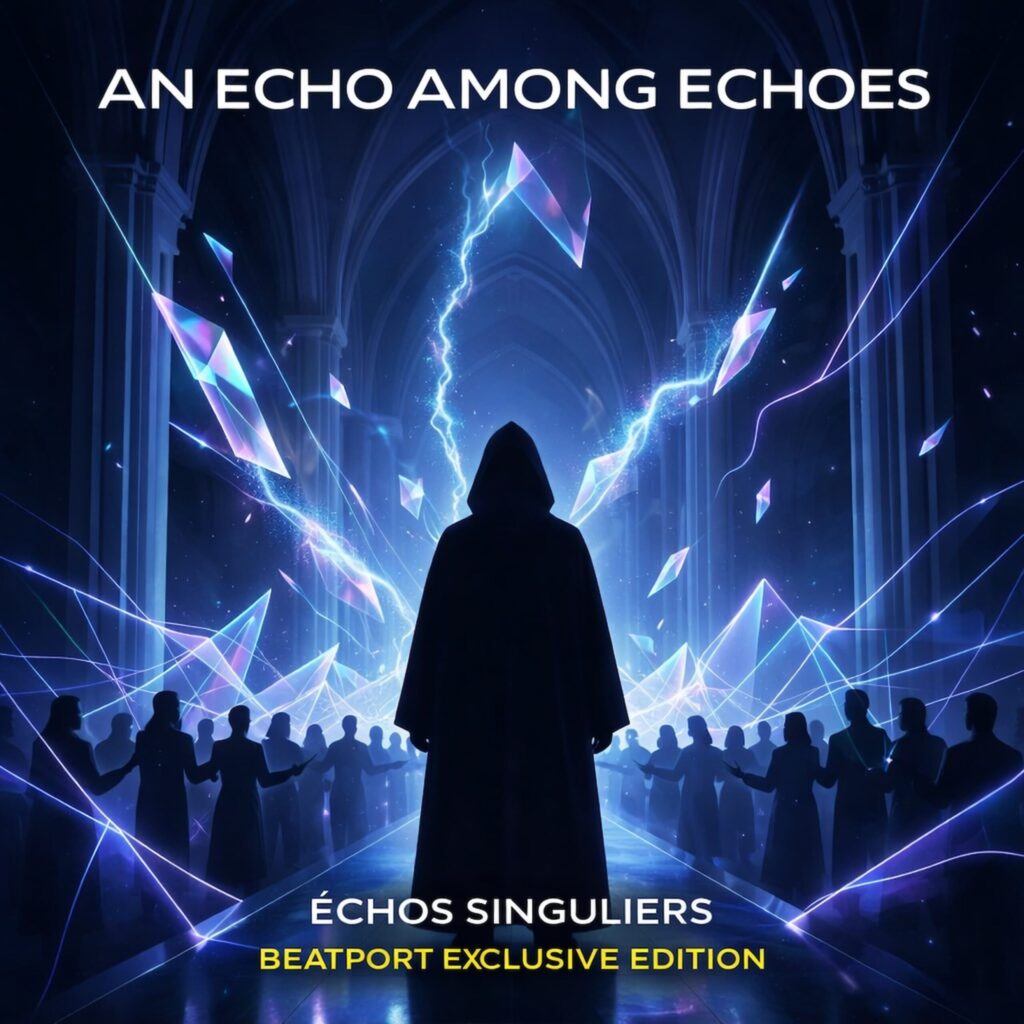 Official artwork of the single An Echo Among Echoes Beatport Exclusive Edition by electronic producer Philippe JOUMARD, featuring a hooded silhouette in a cathedral with lightning and crystals.