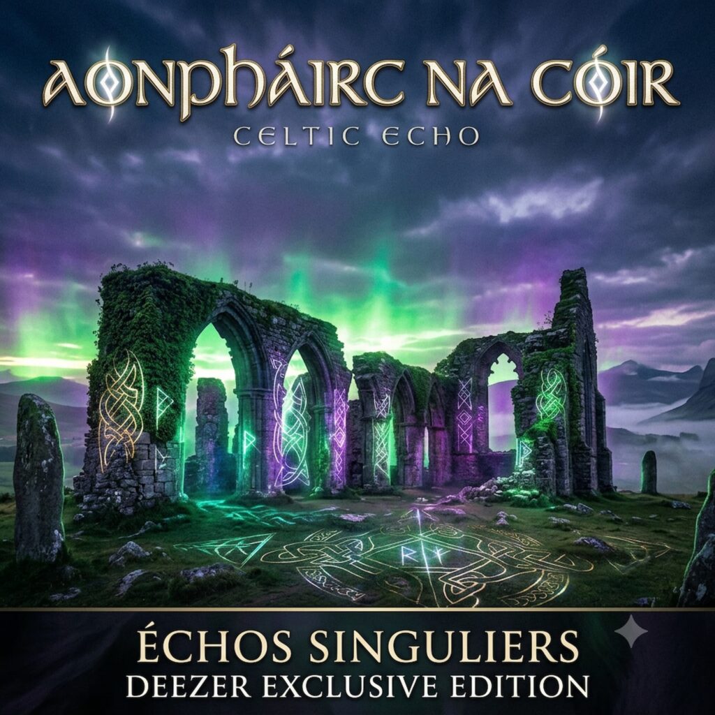 Official artwork of the single Aonpháirc na Cóir Deezer Exclusive Edition by electronic producer Philippe JOUMARD, featuring glowing Celtic runes on ancient stone ruins under green aurora borealis.
