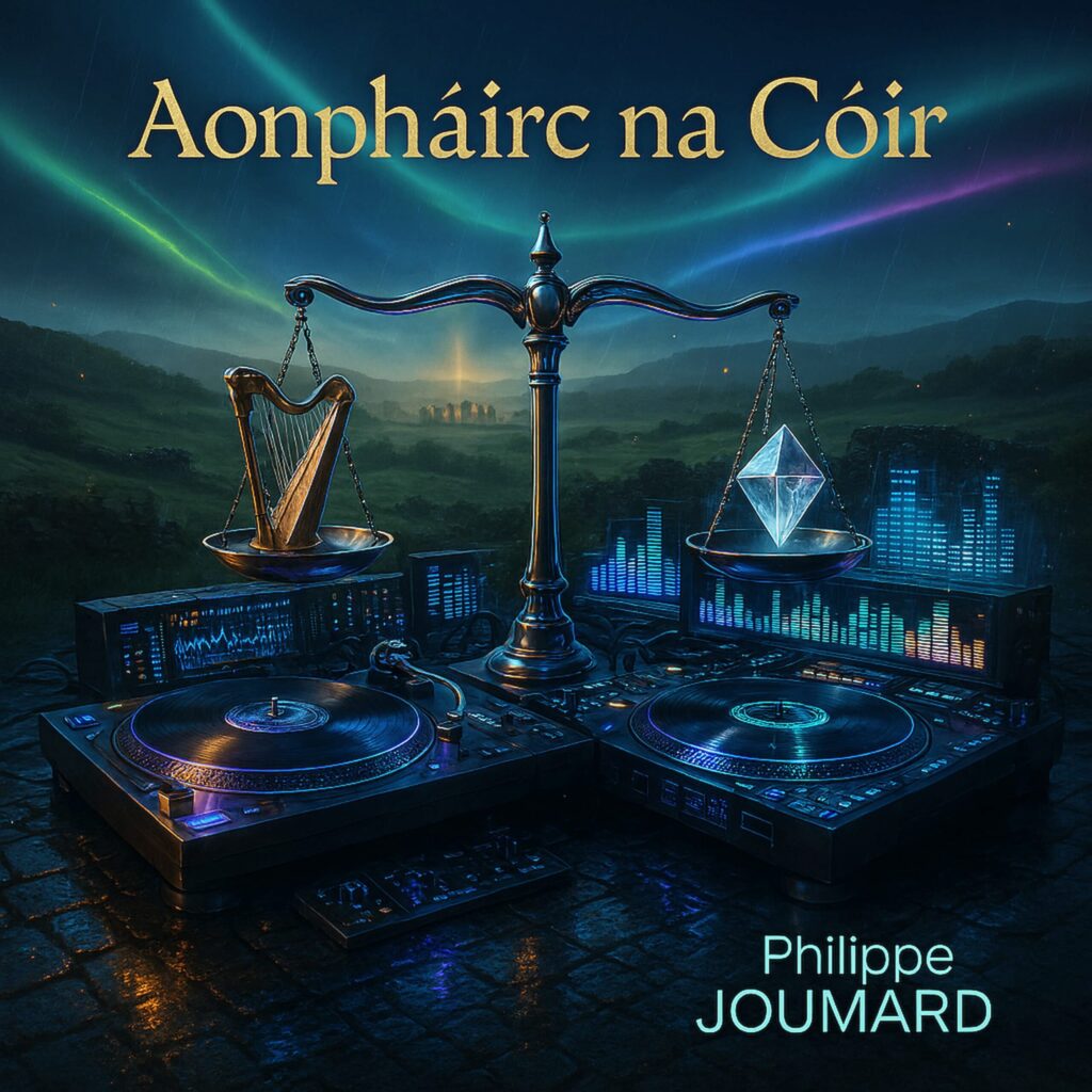 Official artwork of the single Aonpháirc na Cóir Irish Version by electronic producer Philippe JOUMARD, featuring a justice scale balancing a celtic harp and a glowing neon crystal on top of DJ turntables.