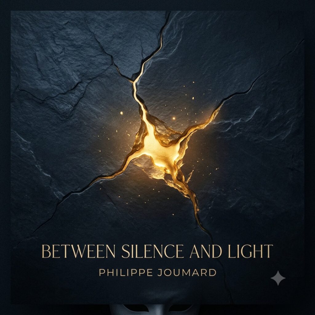 Official EP cover of Between Silence And Light Birthday Release by electronic producer Philippe JOUMARD, featuring glowing liquid gold bursting through a cracked dark stone texture.