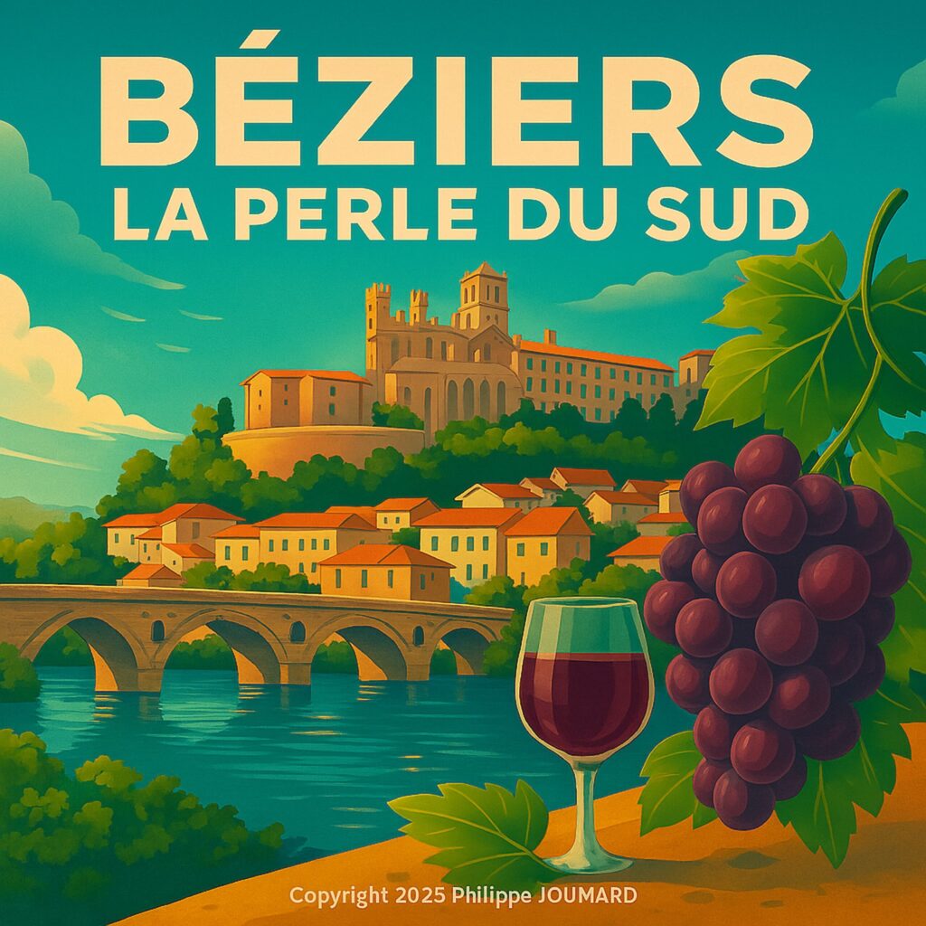 Official artwork of the single Béziers la Perle du Sud by electronic producer Philippe JOUMARD, featuring a vintage illustration of Béziers cathedral, the Vieux Pont, a glass of red wine, and grapes.