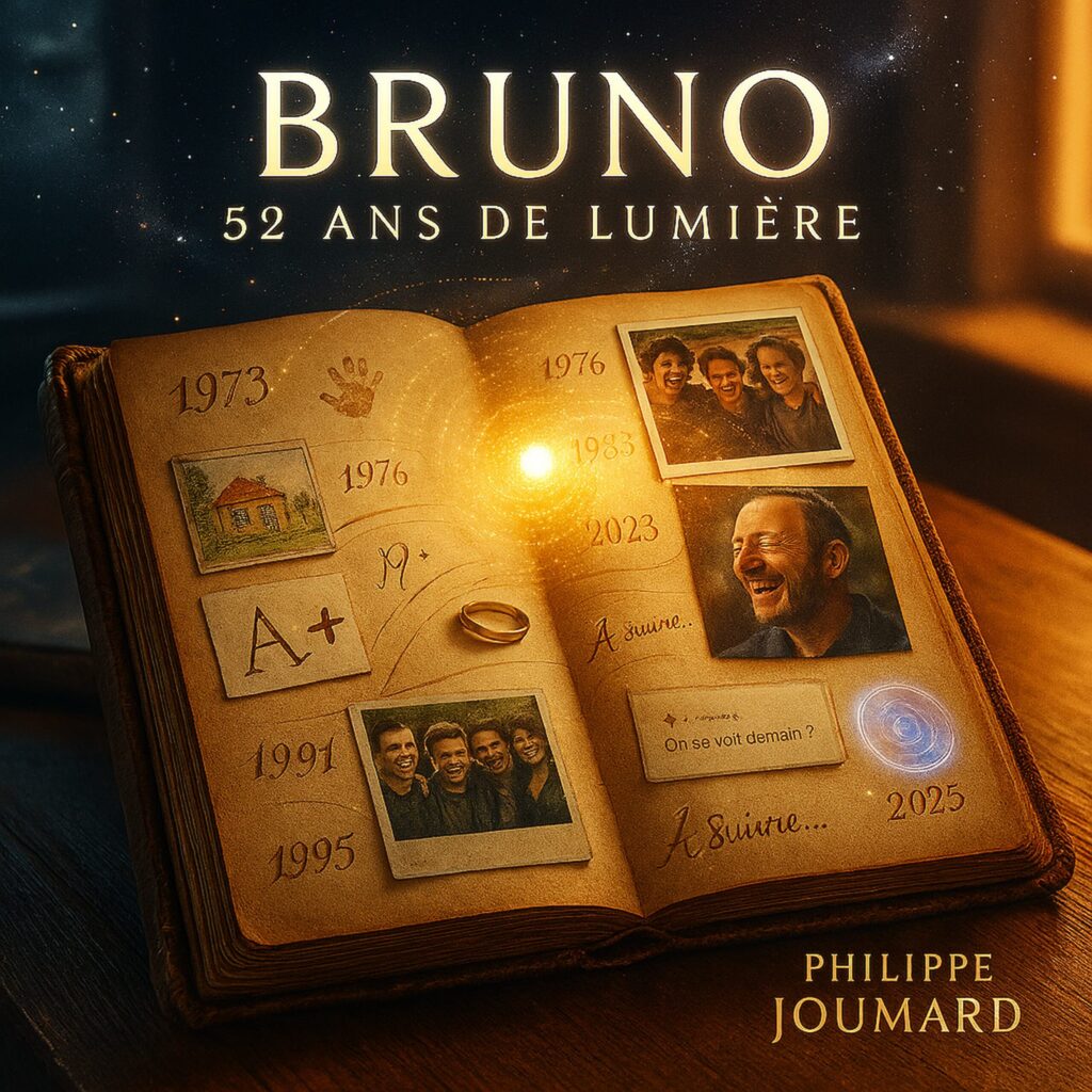 Official artwork of the single Bruno 52 ans de lumière by electronic producer Philippe JOUMARD, featuring an open vintage memory book with family photos and a glowing light.