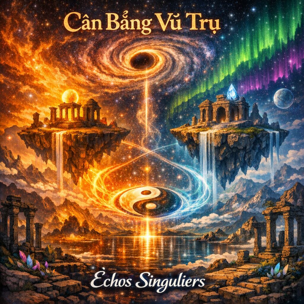 Official EP cover of Cân Bằng Vũ Trụ Échos Singuliers by electronic producer Philippe JOUMARD, featuring floating temples, a glowing Yin Yang symbol, and a cosmic galaxy whirlpool.