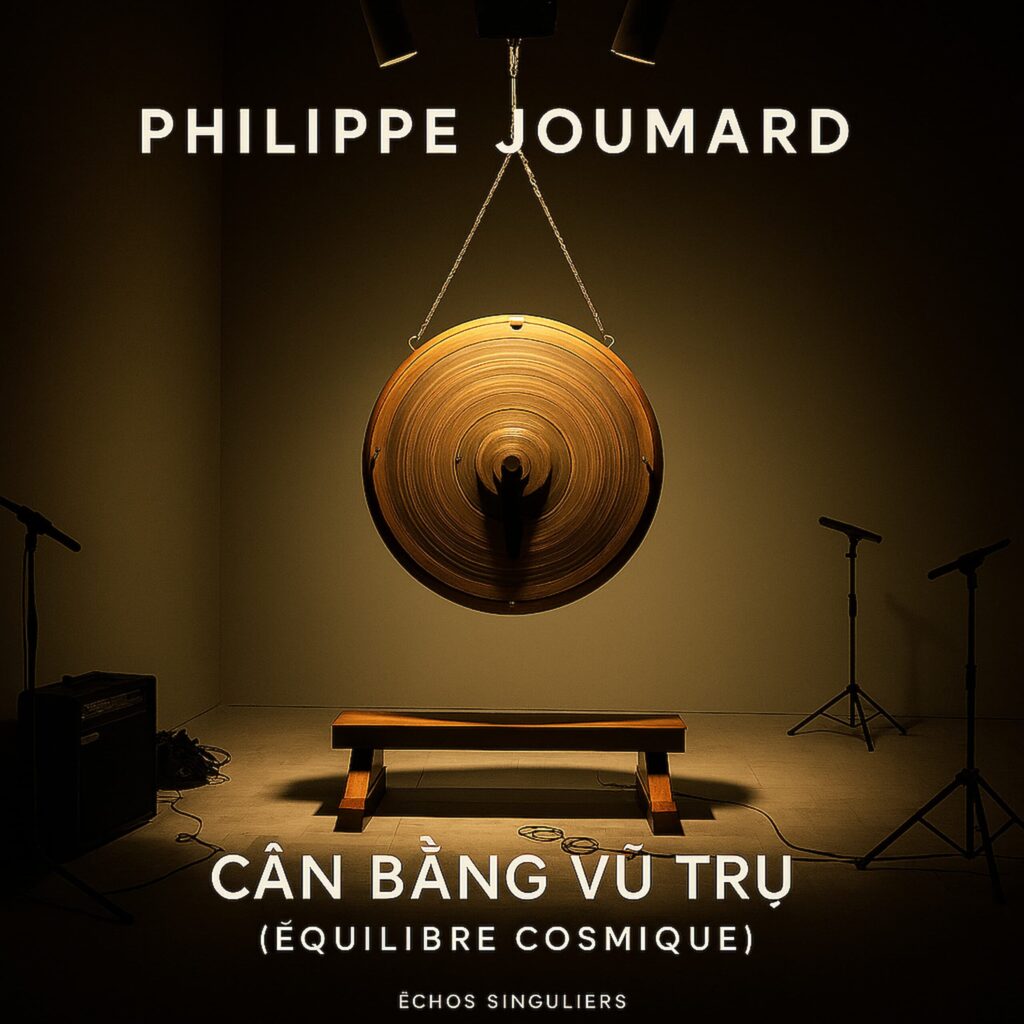 Official artwork of the single Cân Bằng Vũ Trụ Équilibre Cosmique by electronic producer Philippe JOUMARD, featuring a large circular wooden gong hanging over a bench in a studio setting.