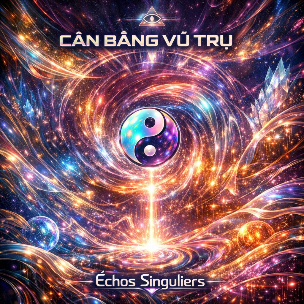 Official artwork of the single Cân Bằng Vũ Trụ Extended Mix by electronic producer Philippe JOUMARD, featuring a metallic Yin Yang symbol floating in a psychedelic galaxy swirl.