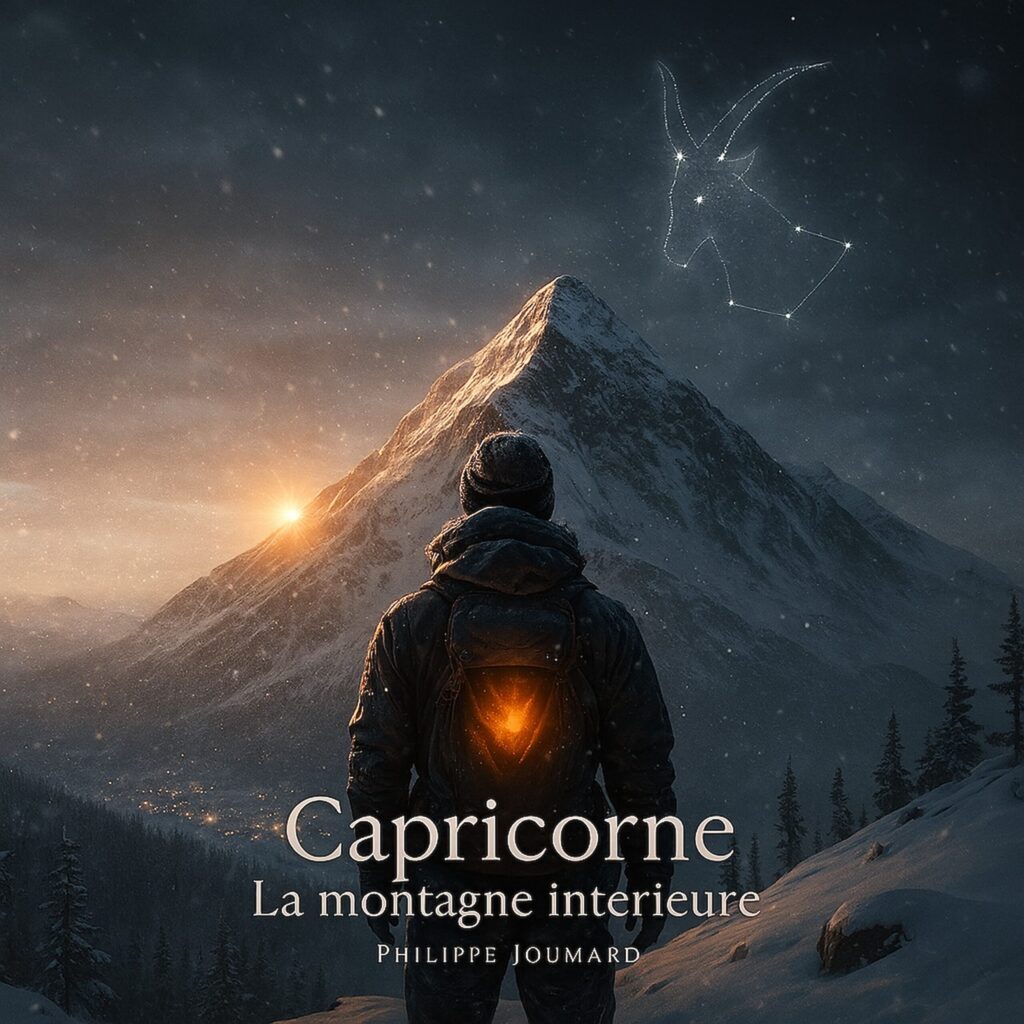 Official artwork of the single Capricorne La montagne intérieure by electronic producer Philippe JOUMARD, featuring a mountaineer looking at a snowy peak under the Capricorn constellation.