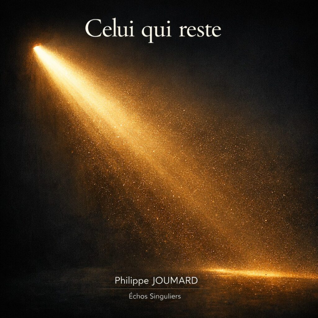 Official artwork of the single Celui qui reste by electronic producer Philippe JOUMARD, featuring a dramatic golden spotlight beam piercing through dark smoke and dust particles.