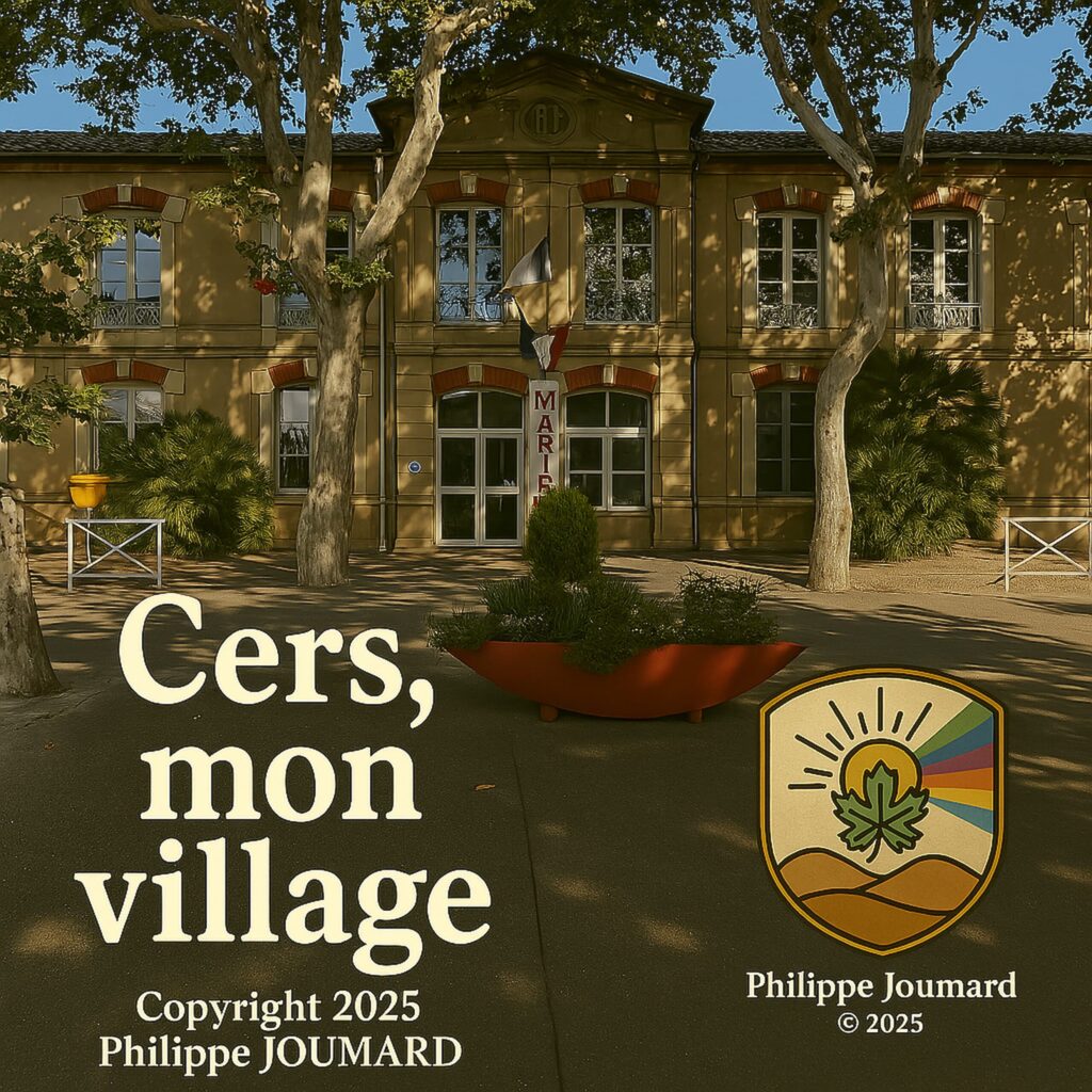 Official artwork of the single Cers, mon village by electronic producer Philippe JOUMARD, featuring the historic town hall façade of Cers with trees and a stylized sun crest.