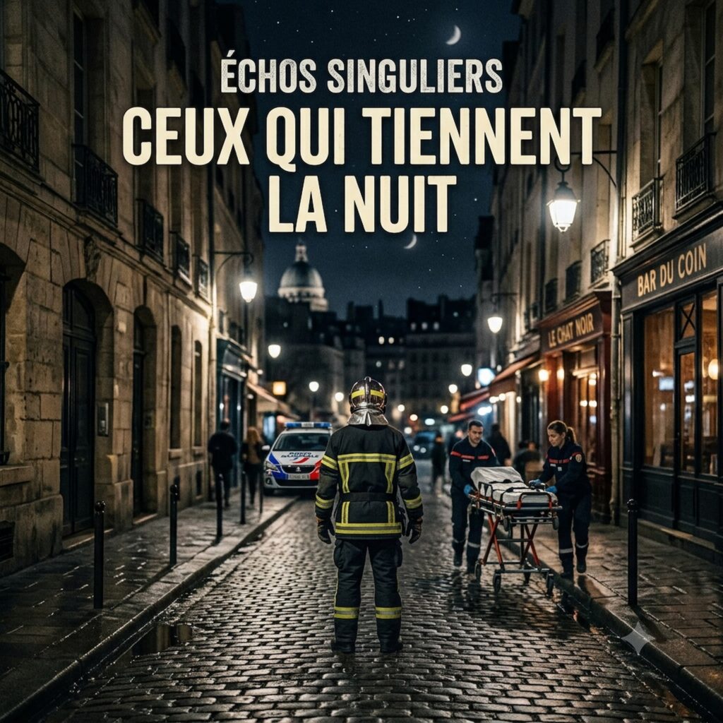 Official artwork of the single Ceux qui tiennent la nuit by electronic producer Philippe JOUMARD, featuring a firefighter seen from behind and emergency workers in a Parisian street at night.