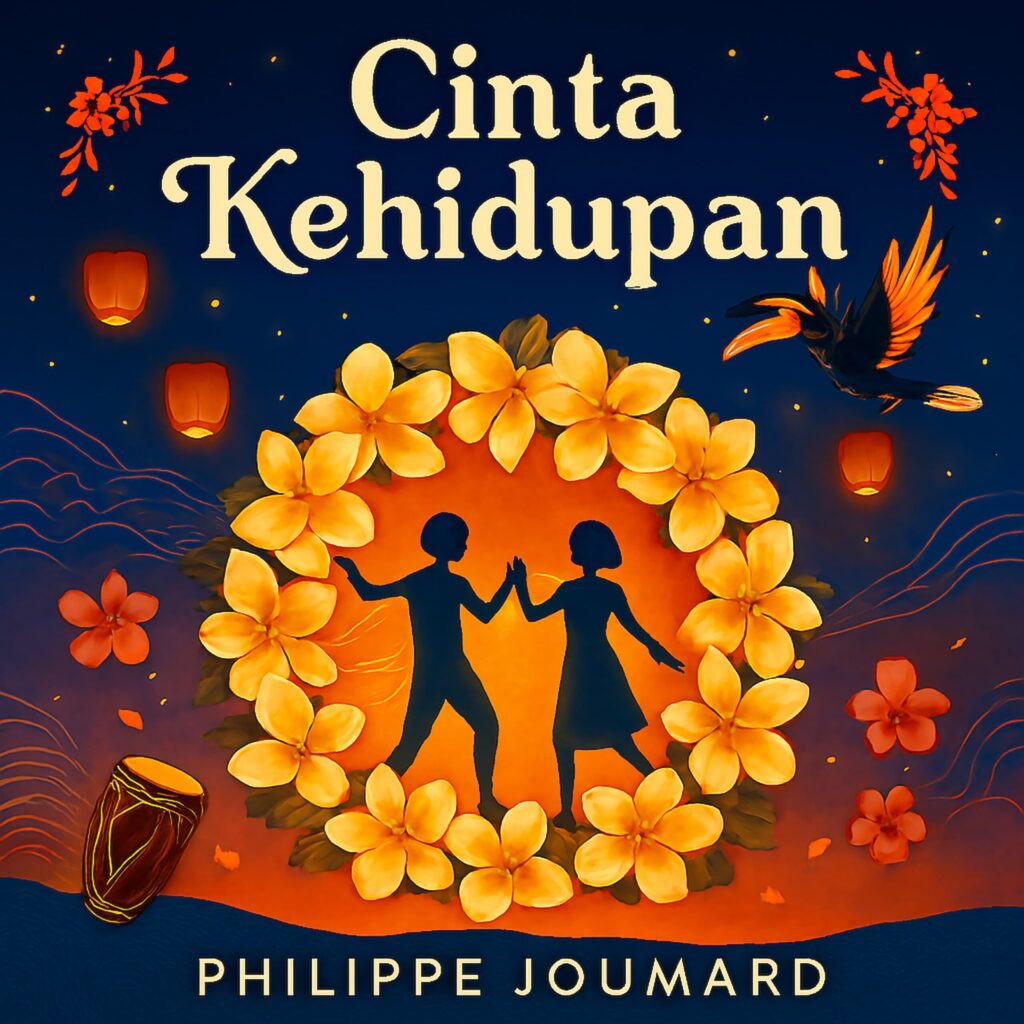 Official artwork of the single Cinta Kehidupan Indonesian Version by electronic producer Philippe JOUMARD, featuring a dancing couple inside a frangipani flower wreath with a hornbill and sky lanterns.
