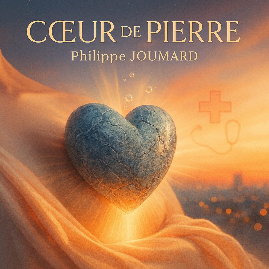 Official artwork of the single Cœur de pierre by electronic producer Philippe JOUMARD, featuring a cracked stone heart glowing with golden light from beneath.