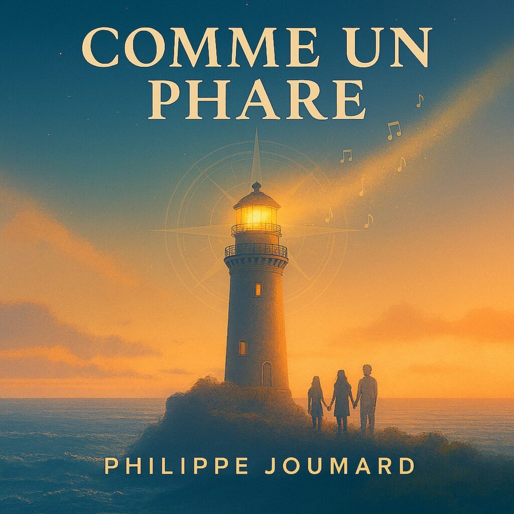 Official artwork of the single Comme un Phare by electronic producer Philippe JOUMARD, featuring three children holding hands next to a glowing lighthouse at sunset.
