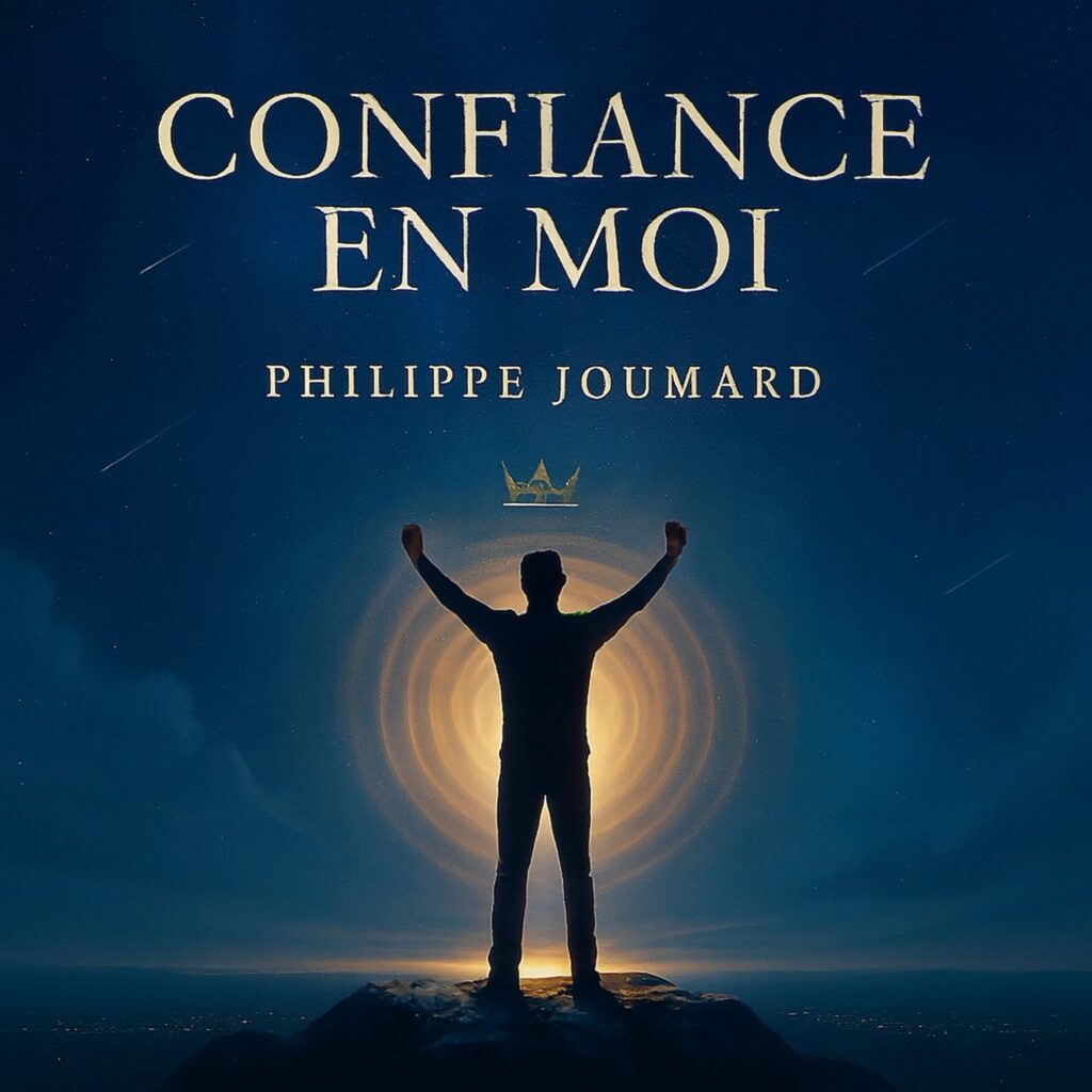Official artwork of the single Confiance en moi by multilingual composer Philippe JOUMARD, featuring a victorious man silhouette with raised arms under a golden crown against a starry night sky.