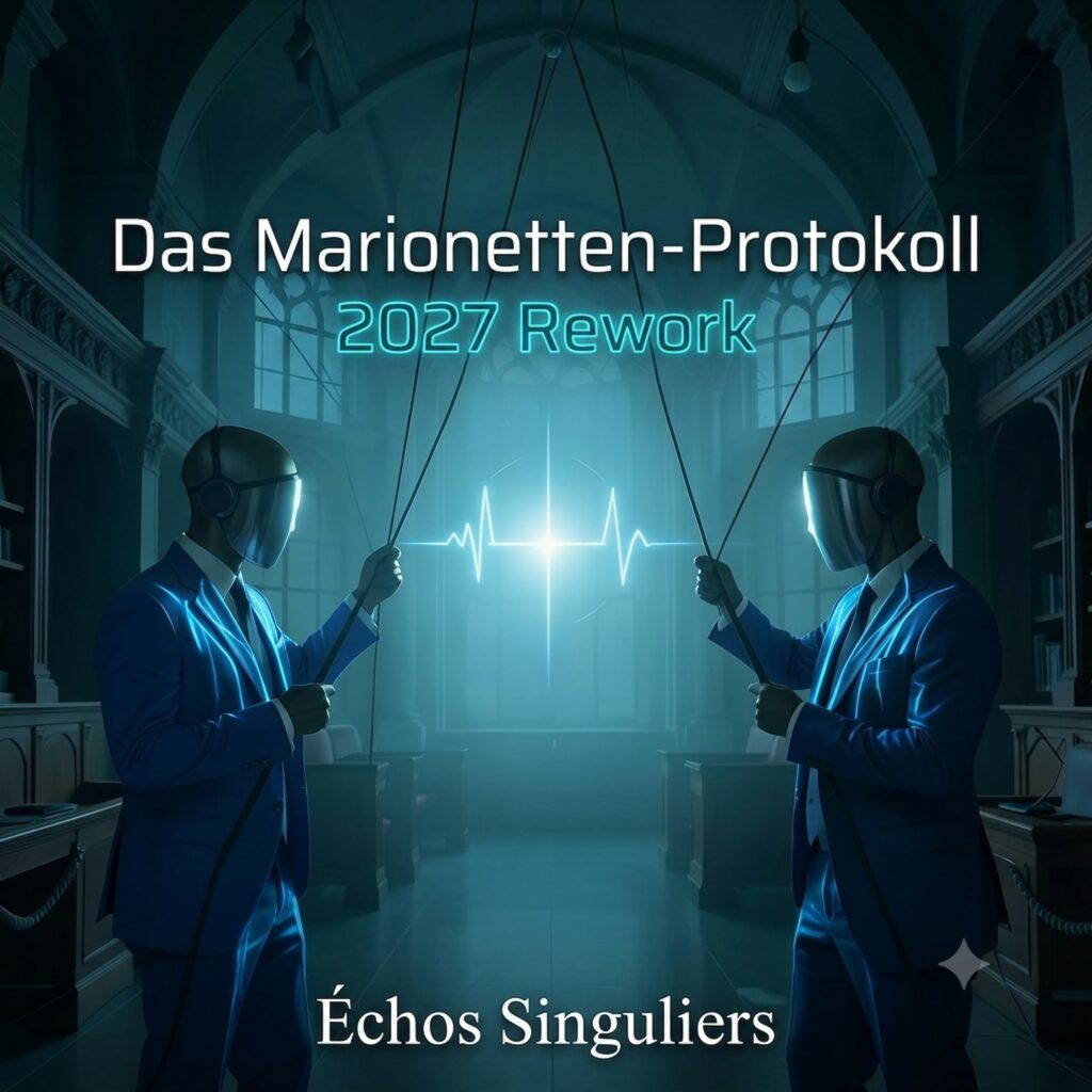 Official artwork of the single Das Marionetten-Protokoll 2027 Rework by electronic producer Philippe JOUMARD, featuring two men in blue suits and metallic masks holding marionette strings in a futuristic dark office.