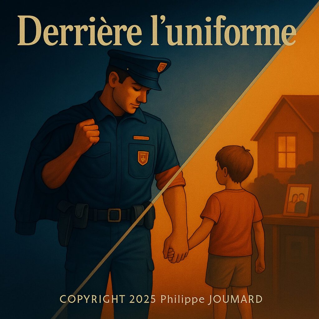 Official artwork of the single Derrière l'uniforme by electronic producer Philippe JOUMARD, showing a police officer holding hands with a young boy separated by a diagonal light transition.
