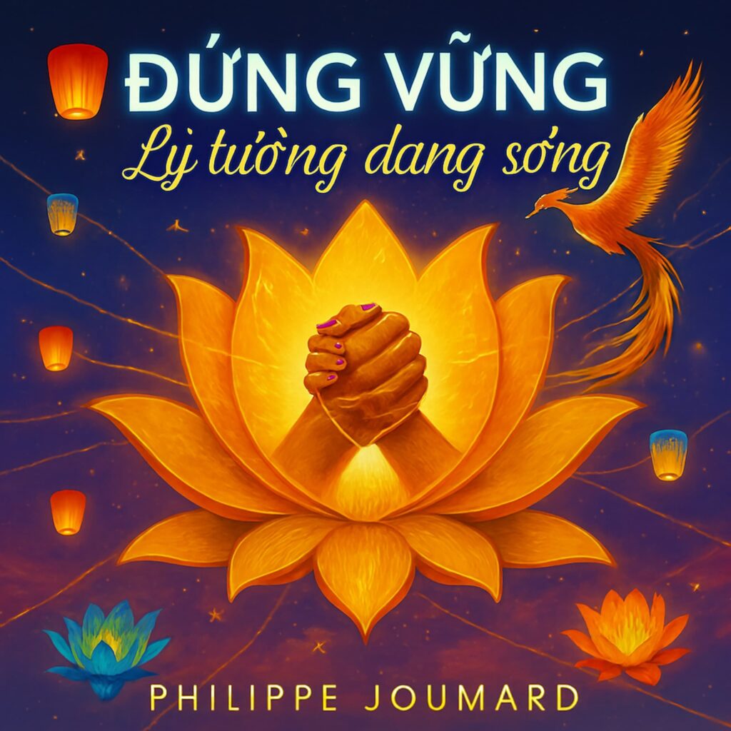 Official artwork of the single Dung Vung by electronic producer Philippe JOUMARD, featuring two clasped hands inside a golden lotus flower with sky lanterns and a phoenix.