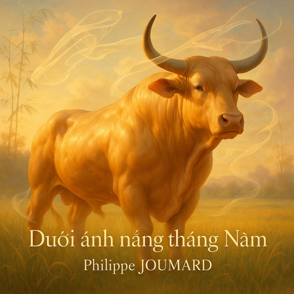 Official artwork of the single Dưới ánh nắng tháng Năm by electronic producer Philippe JOUMARD, featuring a powerful golden bull standing in a field at sunset.