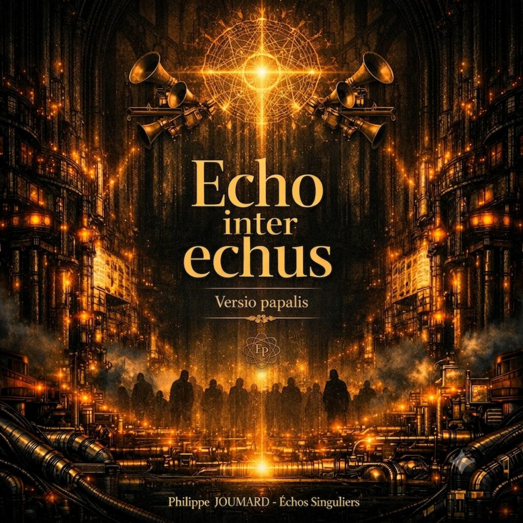 Official artwork of the single Echo inter echus Versio papalis by electronic producer Philippe JOUMARD, featuring a large choir silhouette under glowing golden horns and a sacred star cross.