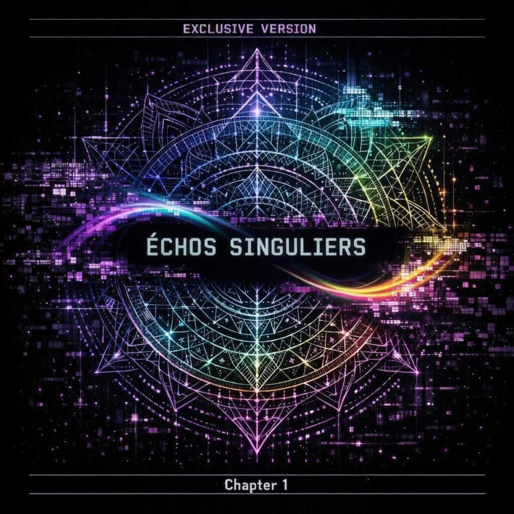 Official album cover of Échos Singuliers Chapter 1 Exclusive Version by electronic producer Philippe JOUMARD, featuring a large neon mandala and a glowing infinity wave over a digital background.