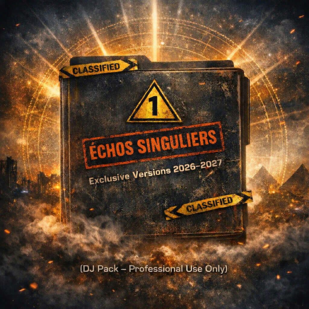 Official album cover of Échos Singuliers N°1 Exclusive Versions 2026-2027 by electronic producer Philippe JOUMARD, featuring a rusty classified folder amidst flames and pyramids.