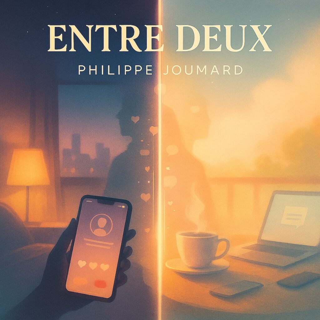 Official artwork of the single Entre deux by electronic producer Philippe JOUMARD, showing a screen split between a dark room with a smartphone and a bright desk with a laptop and coffee.