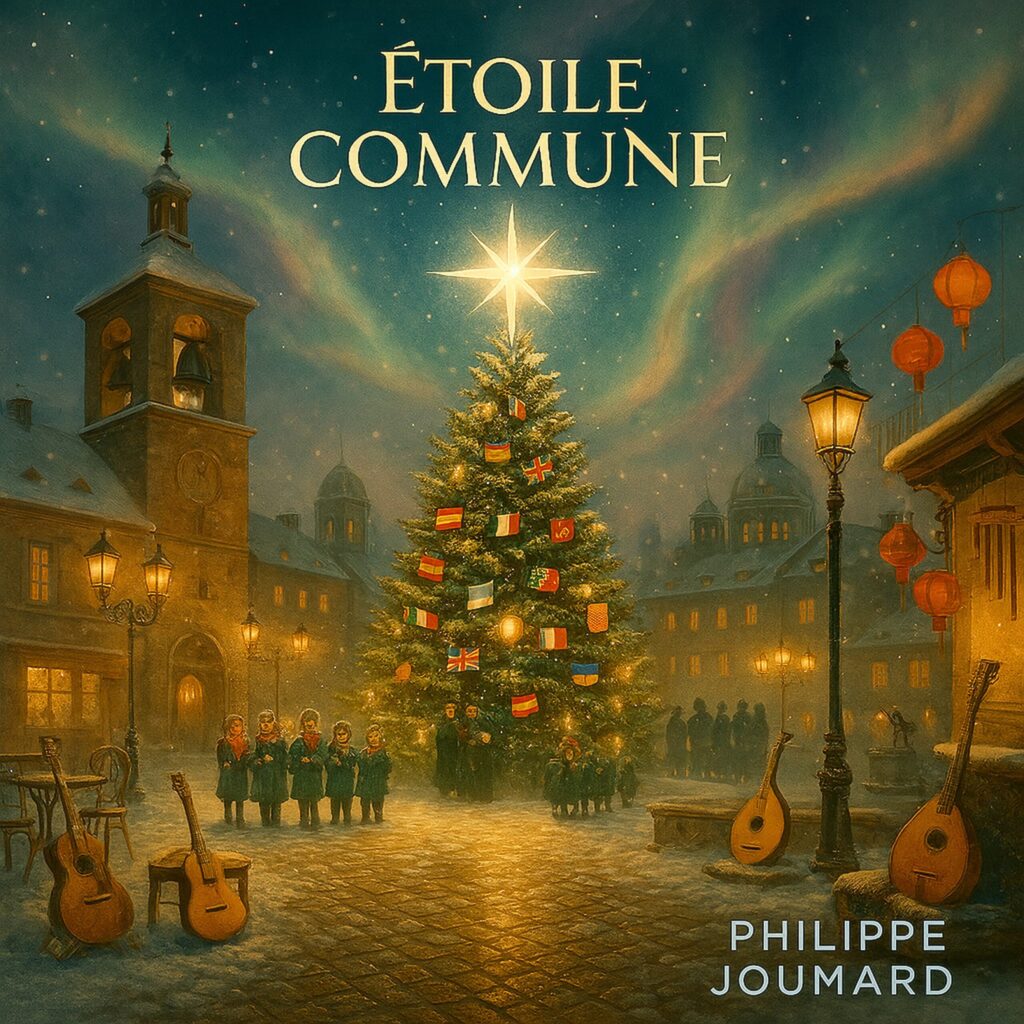 Official artwork of the single Étoile Commune by electronic producer Philippe JOUMARD, featuring a large Christmas tree decorated with international flags and a bright star in a snowy town square with lutes.