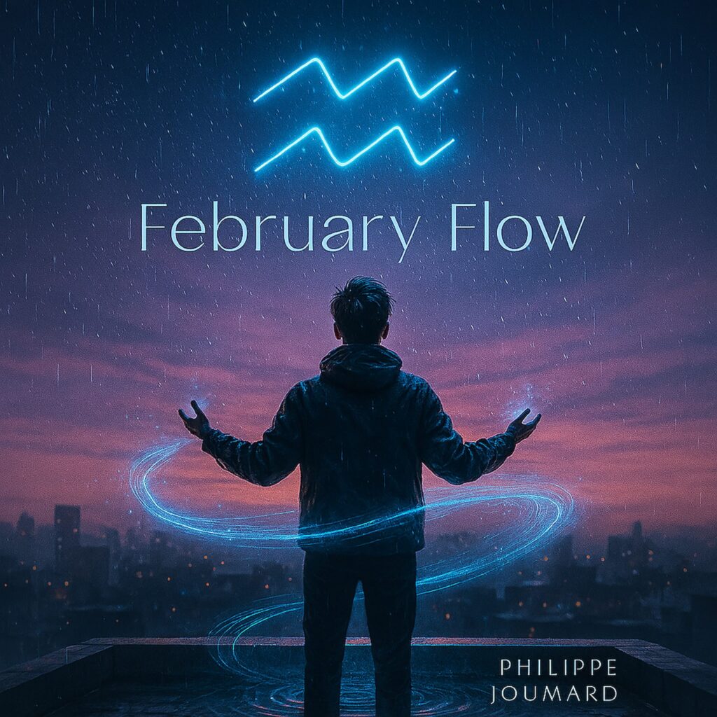 Official artwork of the single February Flow by electronic producer Philippe JOUMARD, featuring a man standing on a rooftop under a neon Aquarius sign.