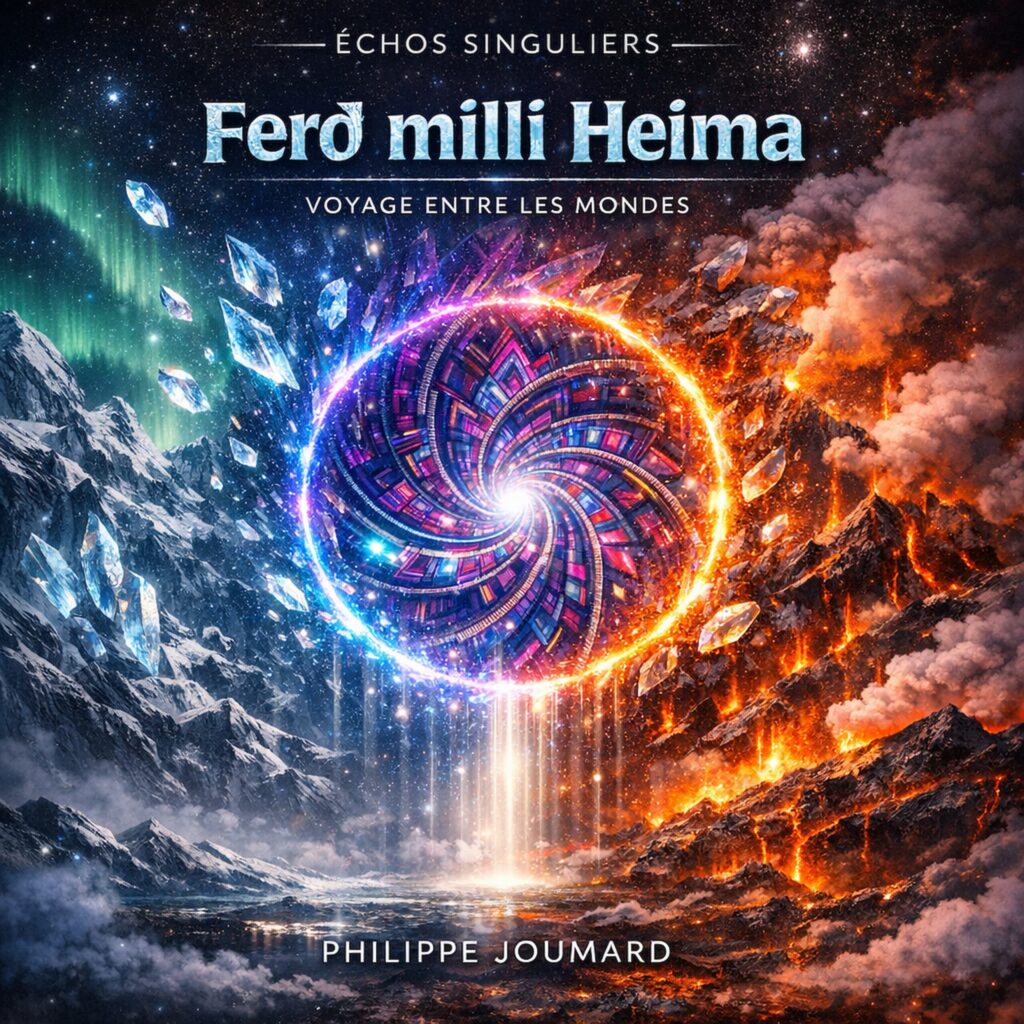 Official artwork of the single Ferð milli Heima Voyage entre les Mondes by electronic producer Philippe JOUMARD, featuring a circular portal split between ice mountains and fire lava.