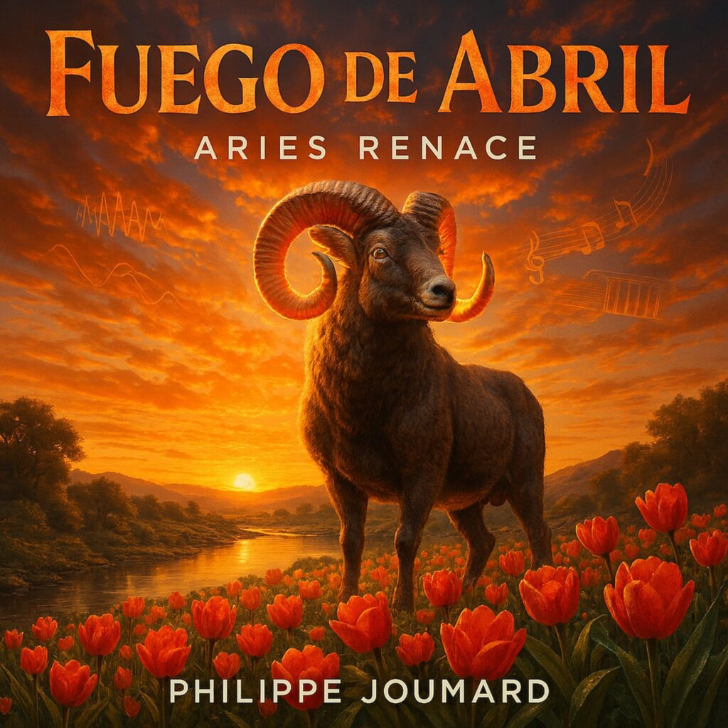 Official artwork of the single Fuego de Abril Aries Renace by electronic producer Philippe JOUMARD, featuring a majestic ram standing in a field of red tulips at sunset.