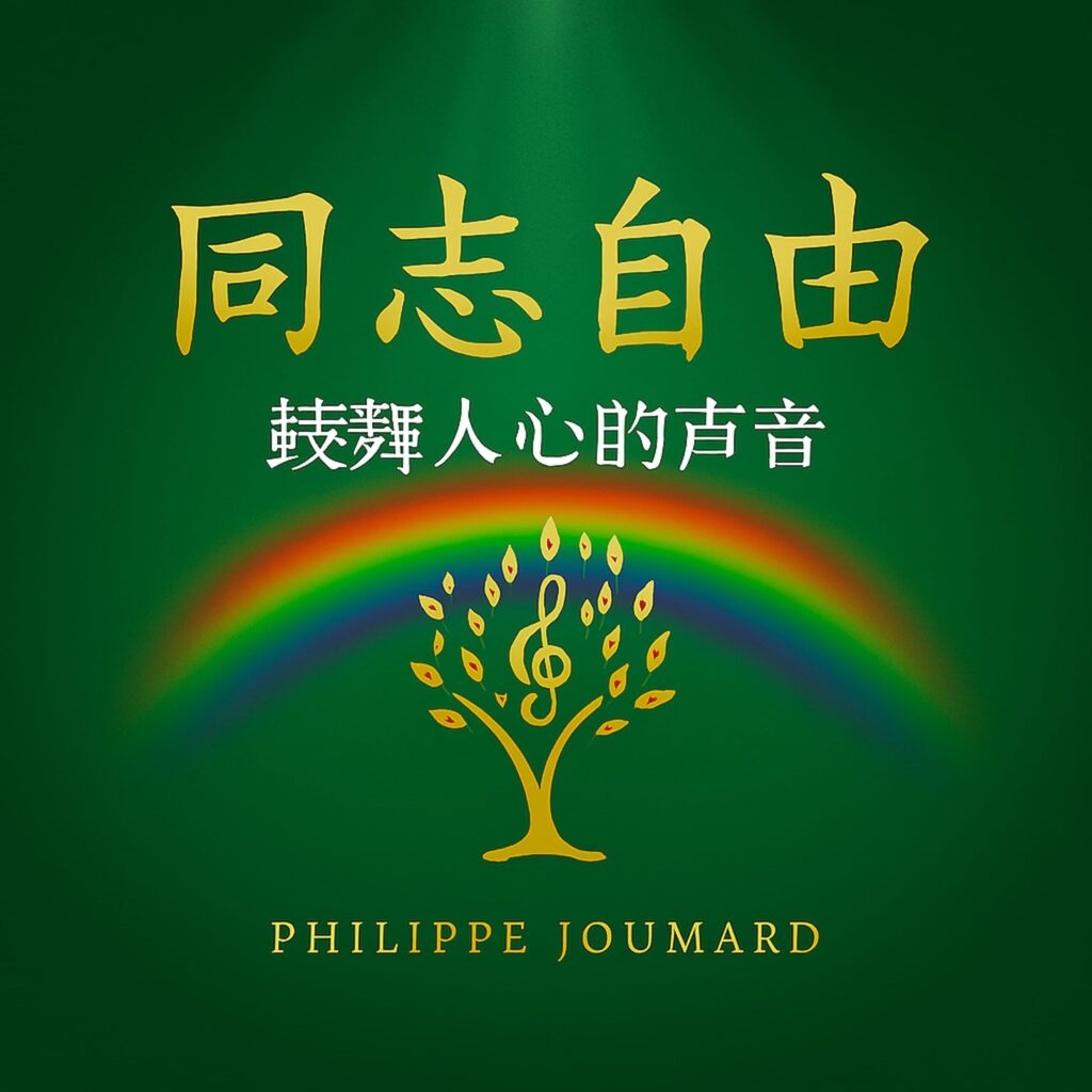 Official artwork of the single Gay Freedom Chinese Version 同志自由 by electronic producer Philippe JOUMARD, featuring a golden tree of life with a clef symbol and a rainbow against a green background.