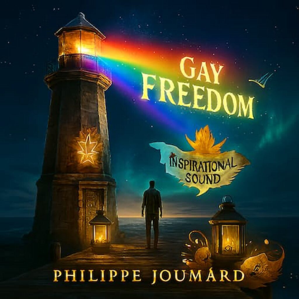 Official artwork of the single Gay Freedom Inspirational Sound by electronic producer Philippe JOUMARD, featuring a lighthouse emitting a rainbow beam over a man standing on a pier at night.