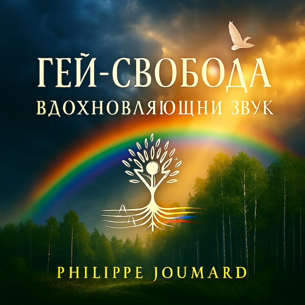 Official artwork of the single Gay Freedom Russian Version Гей-свобода by electronic producer Philippe JOUMARD, featuring a tree of life with musical roots, a rainbow, and a white dove.