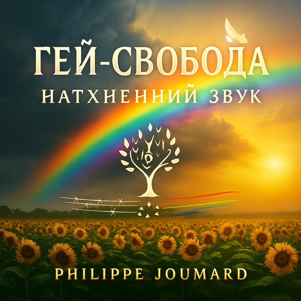 fficial artwork of the single Gay Freedom Ukrainian Version Гей-свобода by electronic producer Philippe JOUMARD, featuring a tree of life emblem over a sunflower field with a rainbow and sunset.