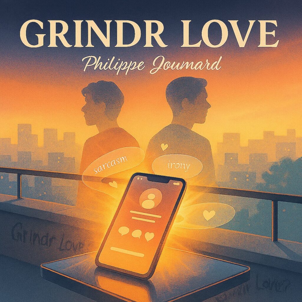 Official artwork of the single Grindr Love by electronic producer Philippe JOUMARD, featuring a glowing smartphone displaying a profile on a balcony at sunset with two male silhouettes.