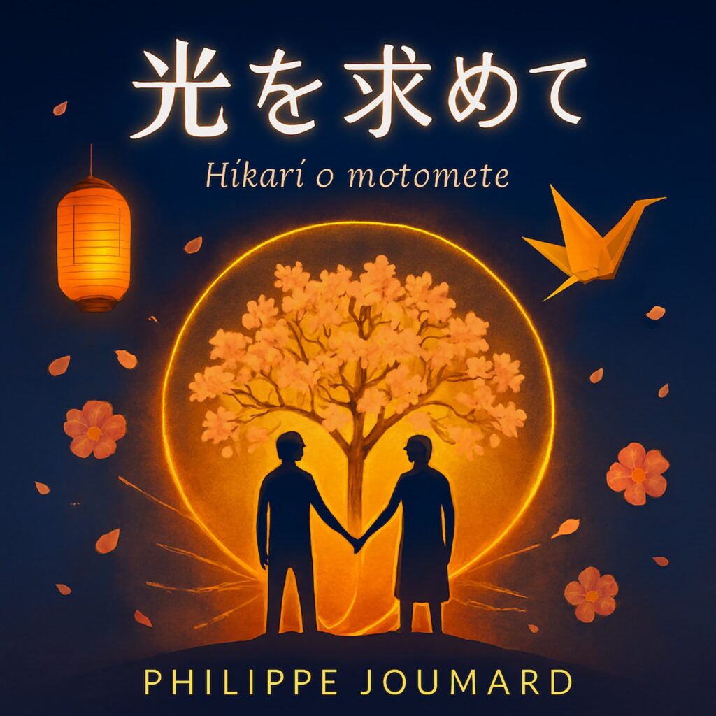 Official artwork of the single Hikari o motomete Japanese Version by electronic producer Philippe JOUMARD, featuring a couple holding hands under a cherry blossom tree with a lantern and origami crane.