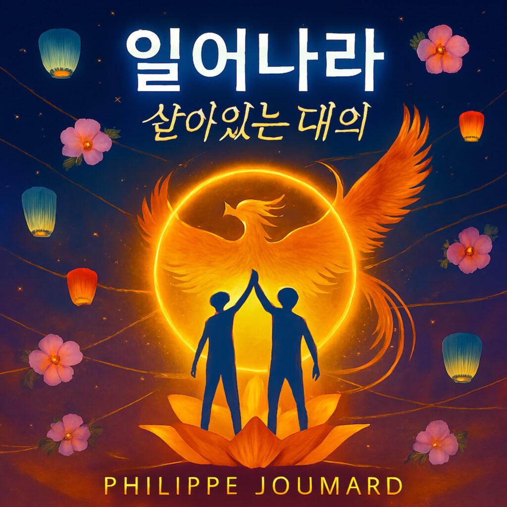 Official artwork of the single Ilonara Korean Version 일어나라 by electronic producer Philippe JOUMARD, featuring two silhouettes high-fiving in a lotus flower under a phoenix and sky lanterns.