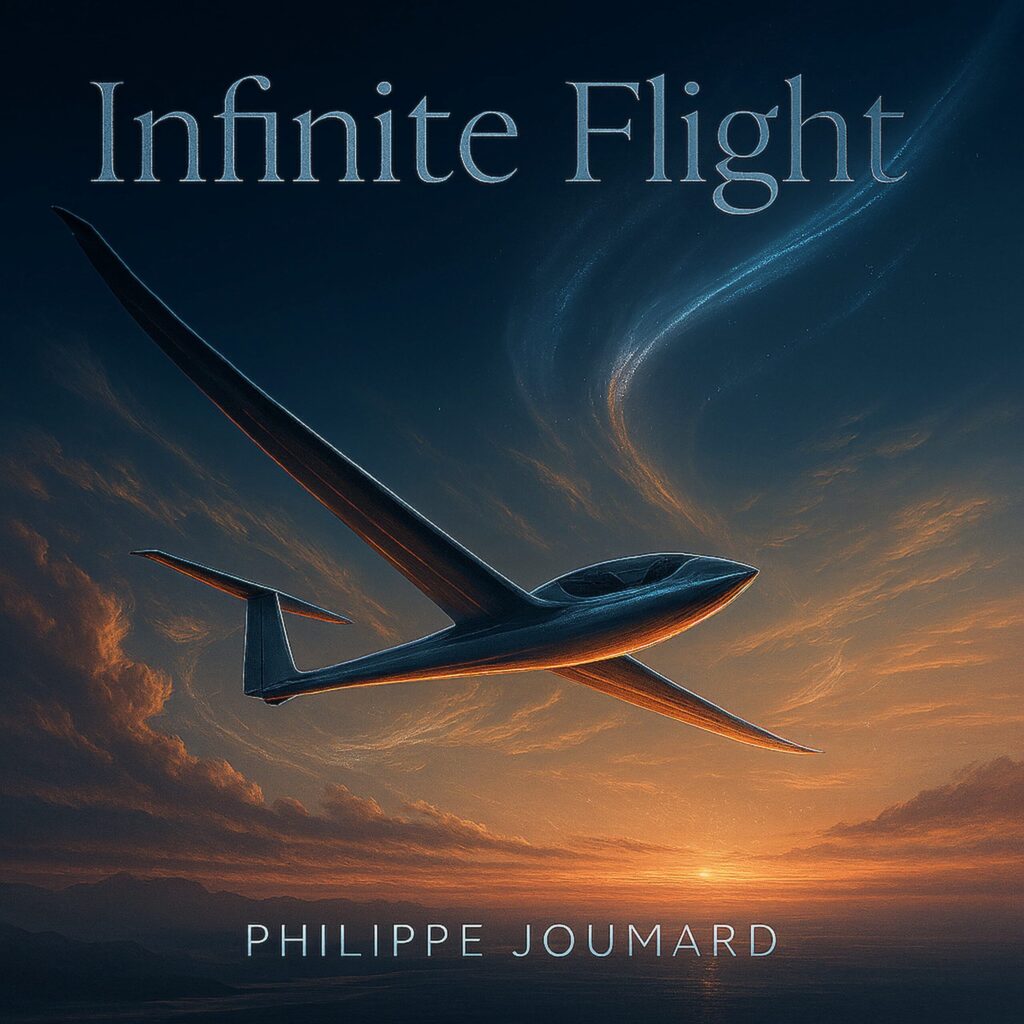 Official artwork of the single Infinite Flight by electronic producer Philippe JOUMARD, featuring a sleek modern glider soaring through a dramatic sunset sky.