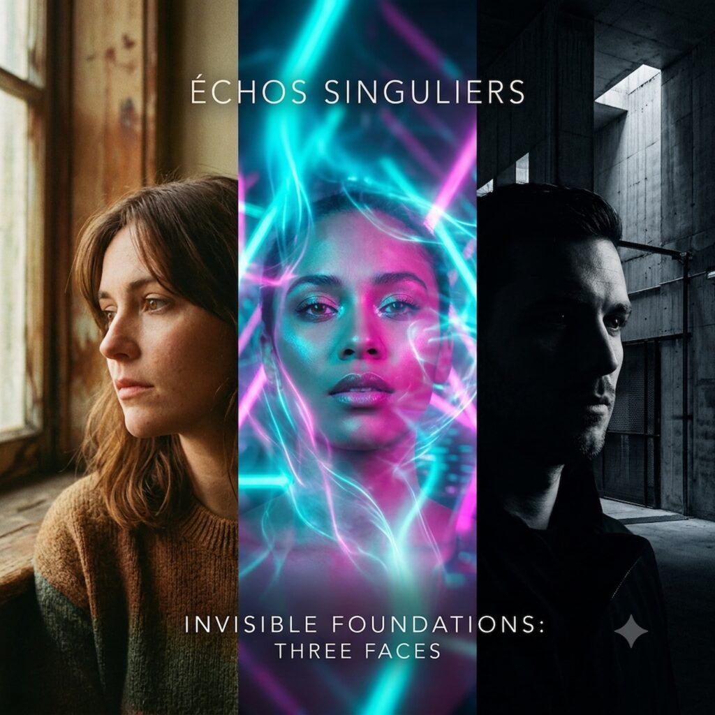 Official EP cover of Invisible Foundations Three Faces by electronic producer Philippe JOUMARD, featuring three portrait panels of a thoughtful woman, a neon cyber face, and a man in a dark hallway.