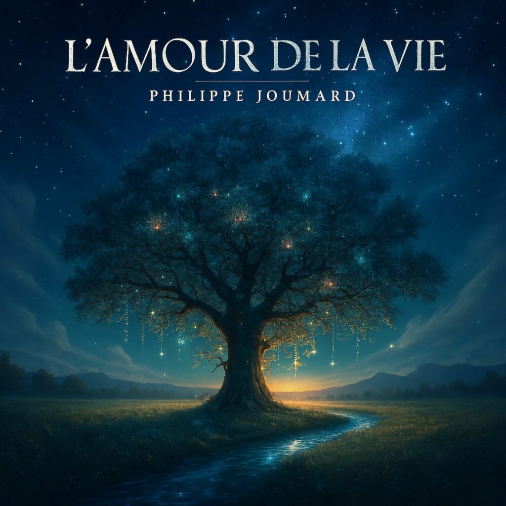 Official artwork of the single L'Amour de la Vie by electronic producer Philippe JOUMARD, featuring a majestic glowing tree with hanging lights next to a winding river under a starry night sky.