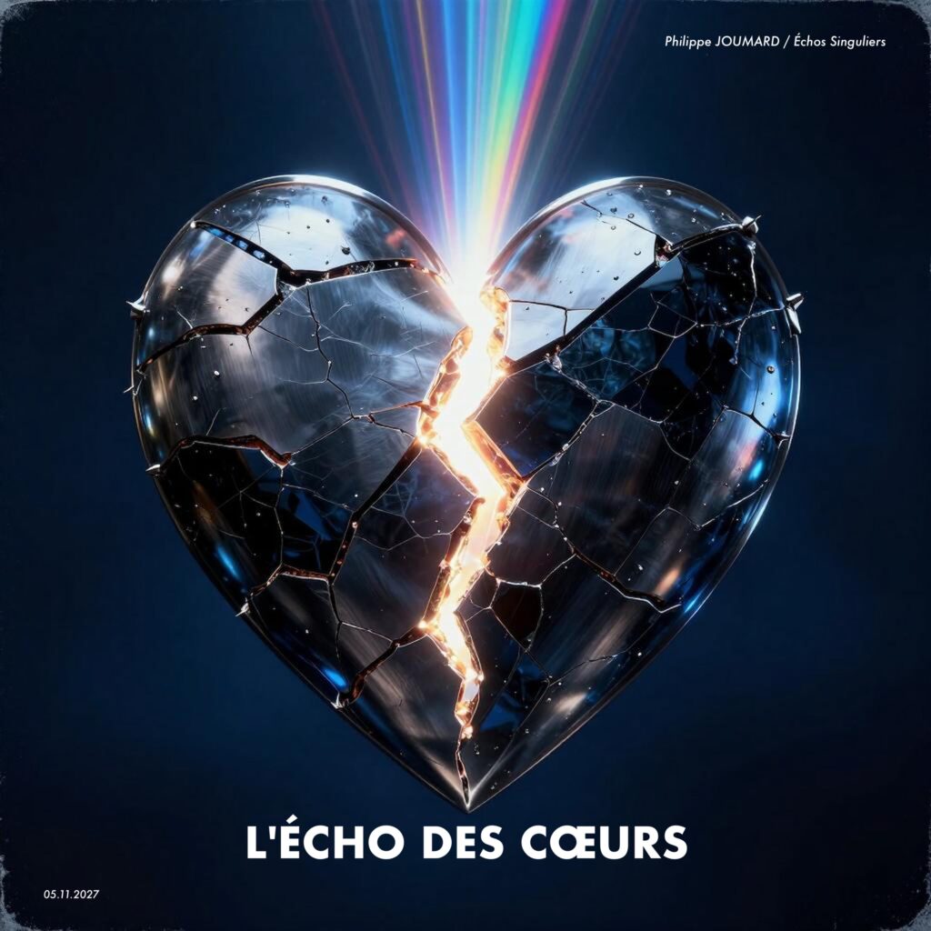 Official album cover of L'écho des Cœurs by electronic producer Philippe JOUMARD, featuring a large broken metallic heart with a glowing rainbow beam rising from the crack.