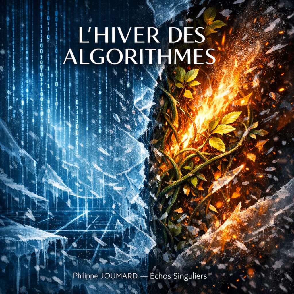 Official artwork of the single L'Hiver des Algorithmes by electronic producer Philippe JOUMARD, showing a seasonal split between frozen binary matrix ice and fiery orange autumn leaves.
