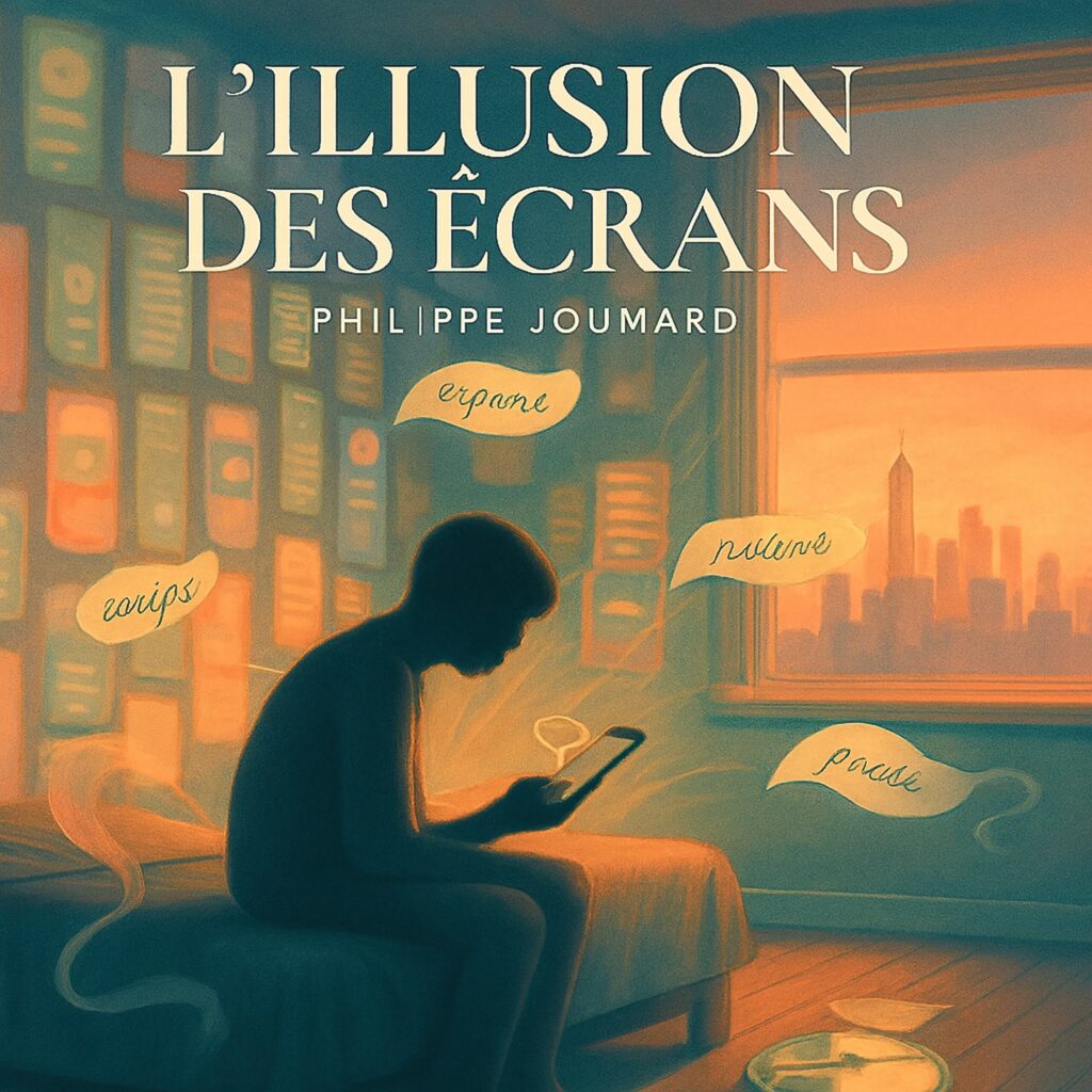 Official artwork of the single L'illusion des écrans by electronic producer Philippe JOUMARD, featuring a young person looking at a glowing smartphone in a dark room with bubbles and a city view.