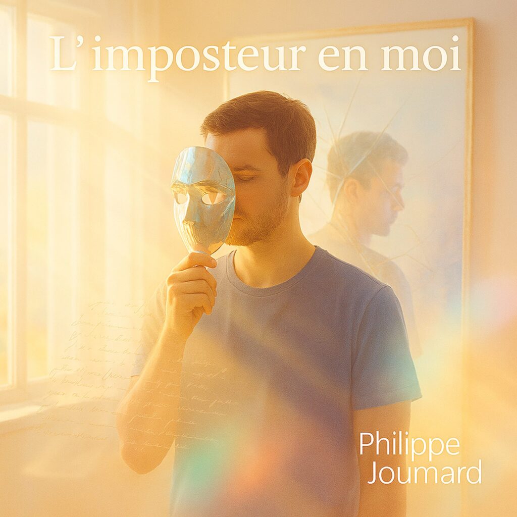 Official artwork of the single L'imposteur en moi by electronic producer Philippe JOUMARD, featuring a man holding a mask over his face in front of a mirror reflection.