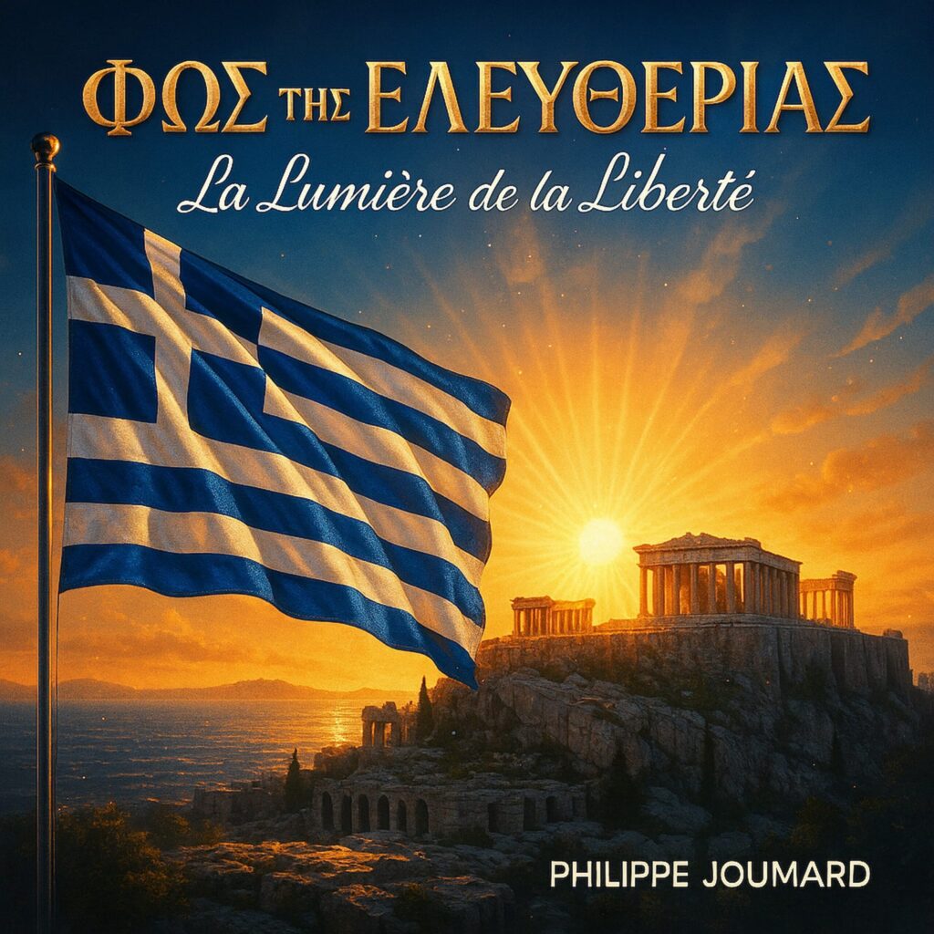 Official artwork of the single La Lumière de la Liberté Greek Version by electronic producer Philippe JOUMARD, featuring a waving Greece flag next to the Acropolis at sunset.